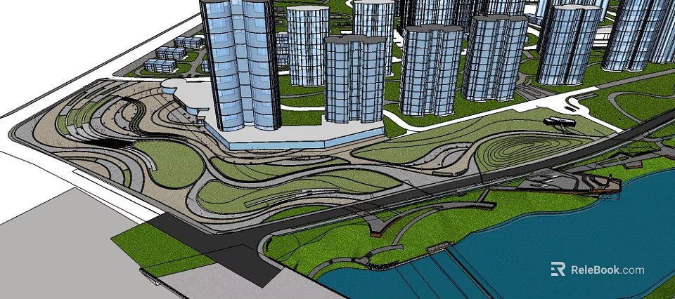 Urban Waterfront Landscape Design With High Rise Buildings Green Spaces And Pedestrian Paths 3d model 
