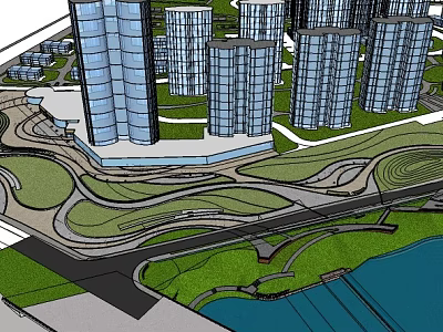 Urban Waterfront Landscape Design With High Rise Buildings Green Spaces And Pedestrian Paths 3d model