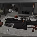Modern Living Room with Black Sofa and Coffee Table Set on Neutral Rug by Fireplace