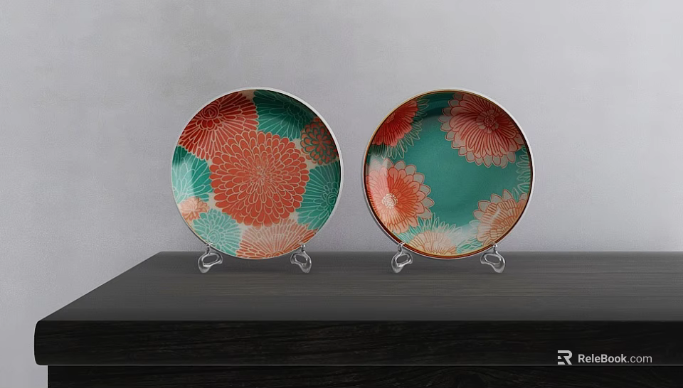 Ceramic Plates With Green And Orange Chrysanthemum Patterns On Dark Wooden Table With Clear Stands 3d model 