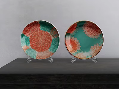 Ceramic Plates With Green And Orange Chrysanthemum Patterns On Dark Wooden Table With Clear Stands 3d model