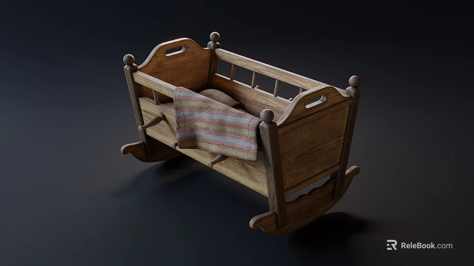Vintage Wooden Rocking Baby Crib With Striped Blanket And Classic Design 3d model 