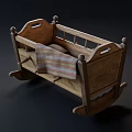 Vintage Wooden Rocking Baby Crib With Striped Blanket And Classic Design