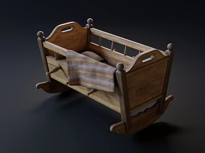 Vintage Wooden Rocking Baby Crib With Striped Blanket And Classic Design 3d model