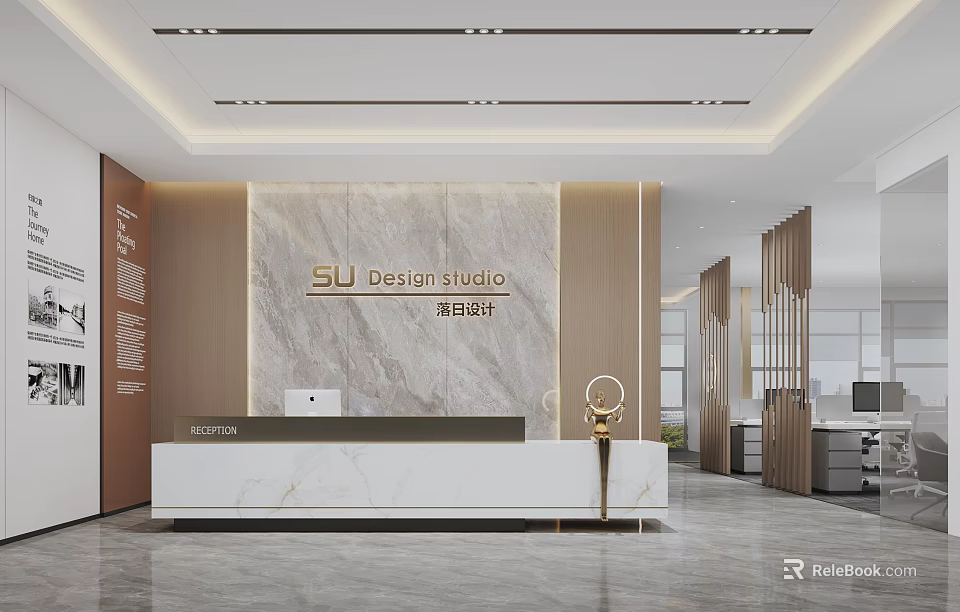 Modern Design Studio Front Desk Reception With Marble Backdrop And Golden Decor 3d model