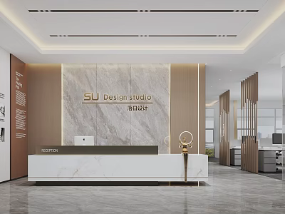 Modern Design Studio Front Desk Reception With Marble Backdrop And Golden Decor 3d model