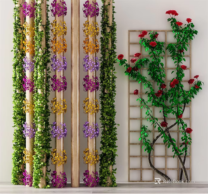Green Decorative Vines with Purple Yellow Flowers and Red Roses on Grid Trellis 3d model 