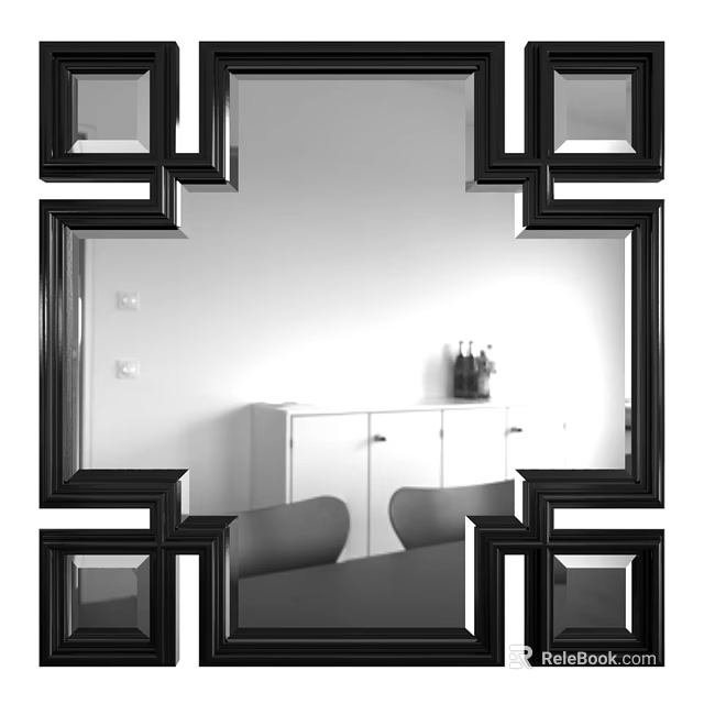 Black Framed Mirrors Arranged In Living Room With White Cabinet Vase And Chairs 3d model 