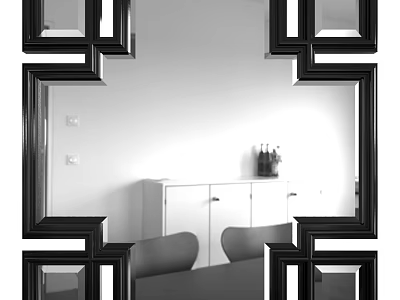 Black Framed Mirrors Arranged In Living Room With White Cabinet Vase And Chairs 3d model