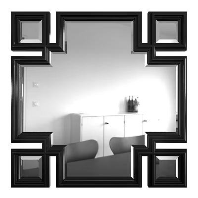 Black Framed Mirrors Arranged In Living Room With White Cabinet Vase And Chairs 3d model