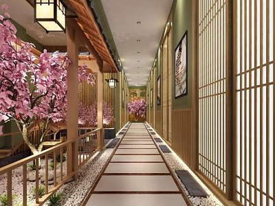 Japanese Style Hotel Corridor With Cherry Blossom Trees Wooden Shoji Screens And Lantern Lights 3d model