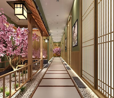 Japanese Style Hotel Corridor With Cherry Blossom Trees Wooden Shoji Screens And Lantern Lights 3d model
