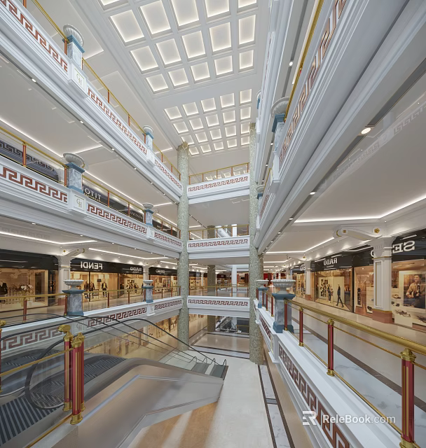 Multi Level Shopping Mall Interior With Grid Ceiling Arched Railings Escalators And Bright Lighting 3d model 