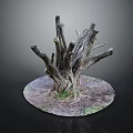 Natural Wooden Stump Decorative Art With Intricate Roots And Soil Grass Base
