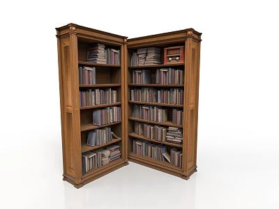 Classic Wooden Corner Bookshelf with Carved Details and Filled with Books 3d model