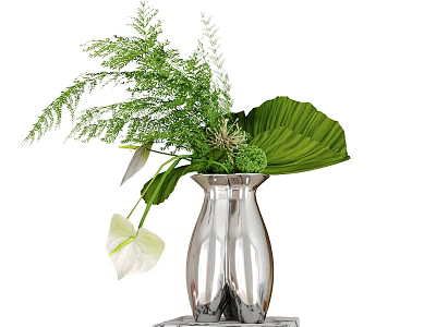 Silver Vase With Green Ferns Large Leaves And White Flowers Arrangement 3d model