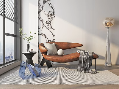 Elegant Modern Brown Leather Chaise Lounge With Marble Wall Floor Lamp And Green Plant Rug 3d model