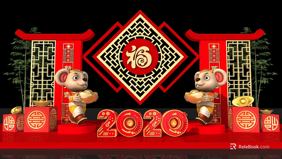 2020 Chinese New Year Decorations With Fu Character Red Lanterns And Rat Figures 3d model 