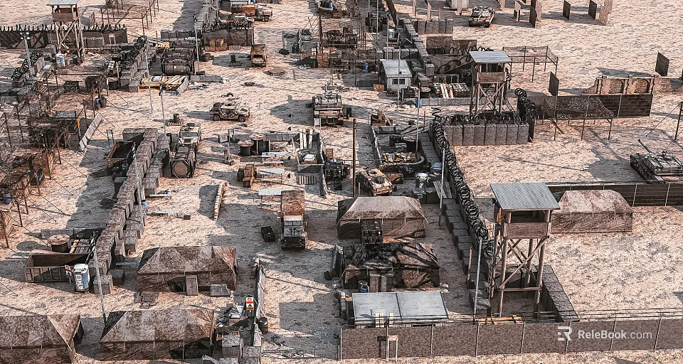 Arid Desert Military Camp With Tents Watchtowers Vehicles And Sandbag Fortifications 3d model 