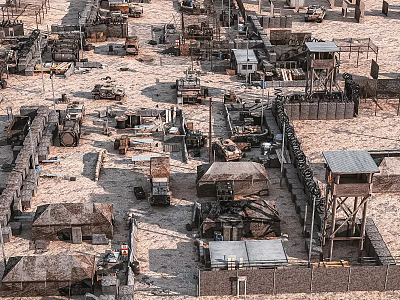 Arid Desert Military Camp With Tents Watchtowers Vehicles And Sandbag Fortifications 3d model