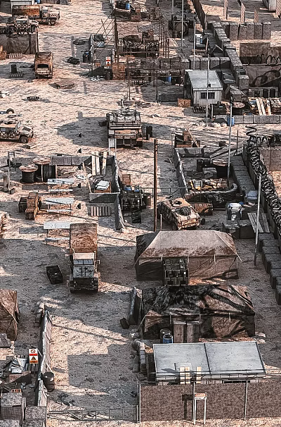 Arid Desert Military Camp With Tents Watchtowers Vehicles And Sandbag Fortifications 3d model