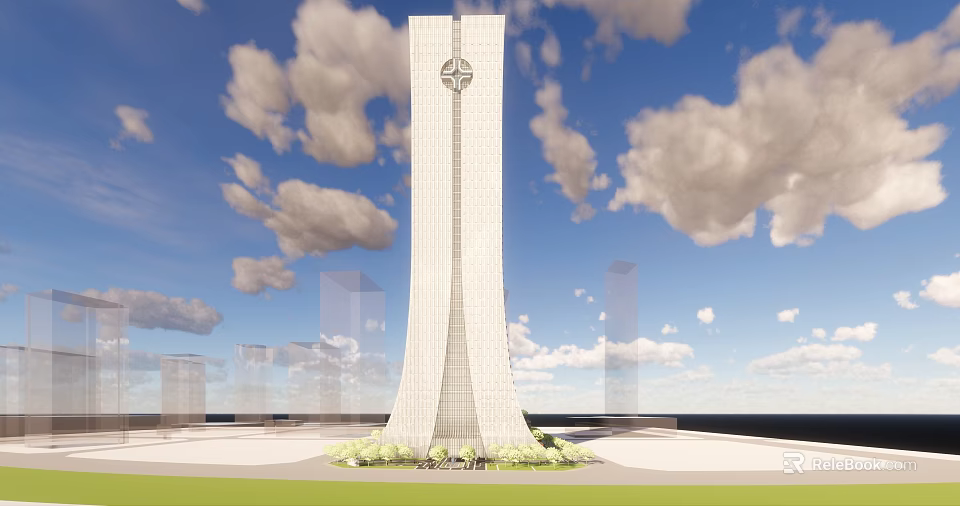 Tall White Modern Office Building With Star Emblem On Top Blue Sky Clouds Greenery 3d model 