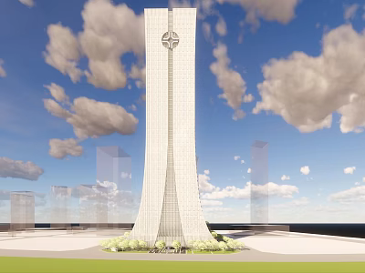 Tall White Modern Office Building With Star Emblem On Top Blue Sky Clouds Greenery 3d model