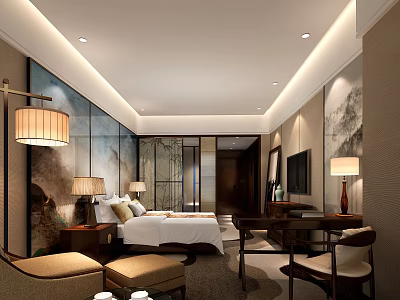 Elegant Hotel Room Interior With Comfortable Bed Nightstands Table Lamps And Decorative Paintings 3d model