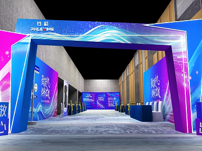 Paleting Stage Entrance Design With Blue Purple Lighting Backdrop And Tables Chairs Setup 3d model