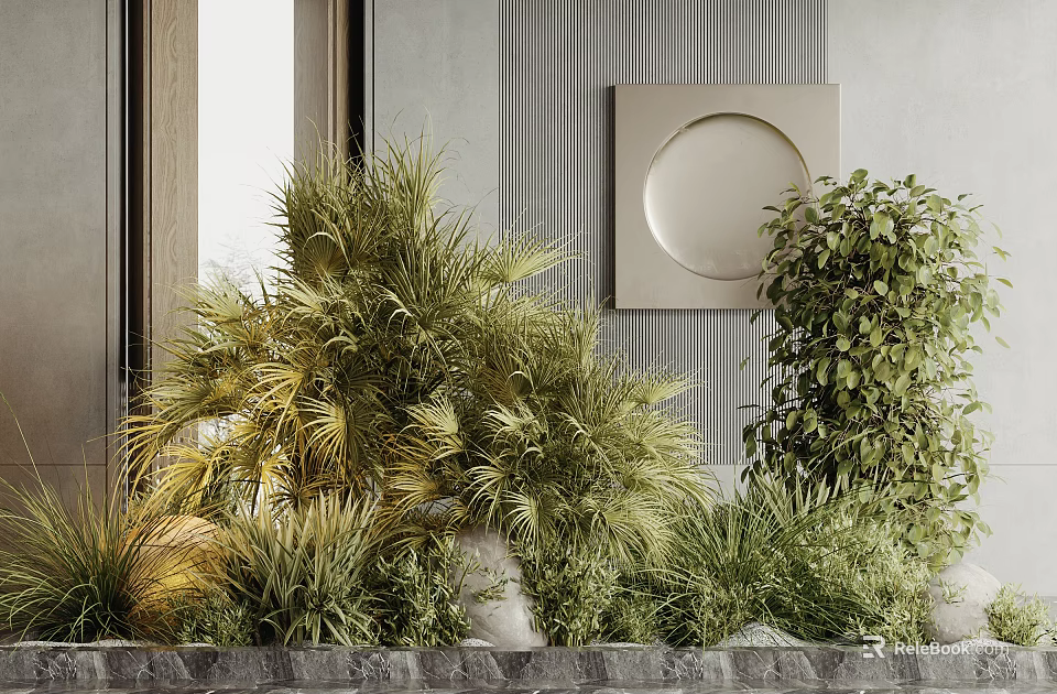 Lush Green Plants Palm Shrubs Indoor Decorative Arrangement With Circular Wall Art And Stone Ledge 3d model 