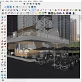 Modern City Cafe Outdoor Seating With Umbrellas Tables And Urban View