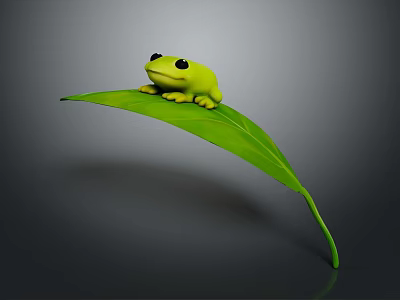 Single Green Frog Sitting On Vibrant Green Leaf Against Dark Background 3d model