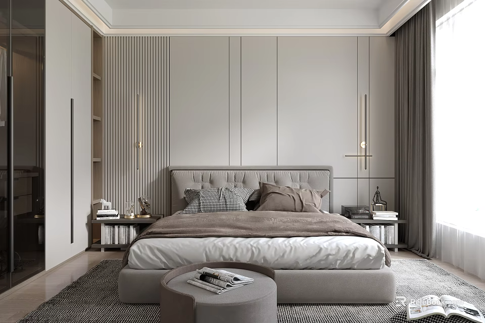 Modern Luxurious Bedroom Interior With Upholstered Headboard Nightstands And Neutral Tones Rug 3d model 
