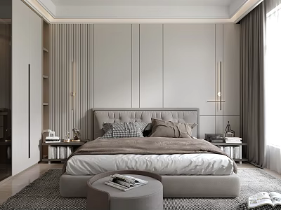 Modern Luxurious Bedroom Interior With Upholstered Headboard Nightstands And Neutral Tones Rug 3d model