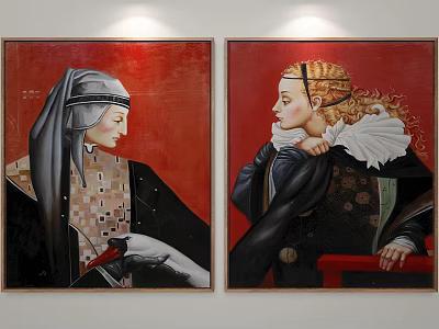 Classical Portrait Paintings With Historical Attire On Wall Red Background 3d model
