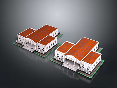 Two Building Models Showcasing Red Roofs White Walls Symmetrical Design And Steps 3d model