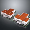Two Building Models Showcasing Red Roofs White Walls Symmetrical Design And Steps 3d model