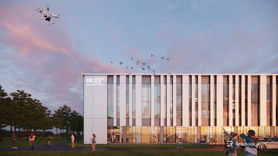 Modern Industrial Factory Building with Glass Curtain Wall Lighting People Around Drone Flying Sunset Sky 3d model 