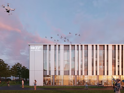 Modern Industrial Factory Building with Glass Curtain Wall Lighting People Around Drone Flying Sunset Sky 3d model
