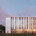 Modern Industrial Factory Building with Glass Curtain Wall Lighting People Around Drone Flying Sunset Sky