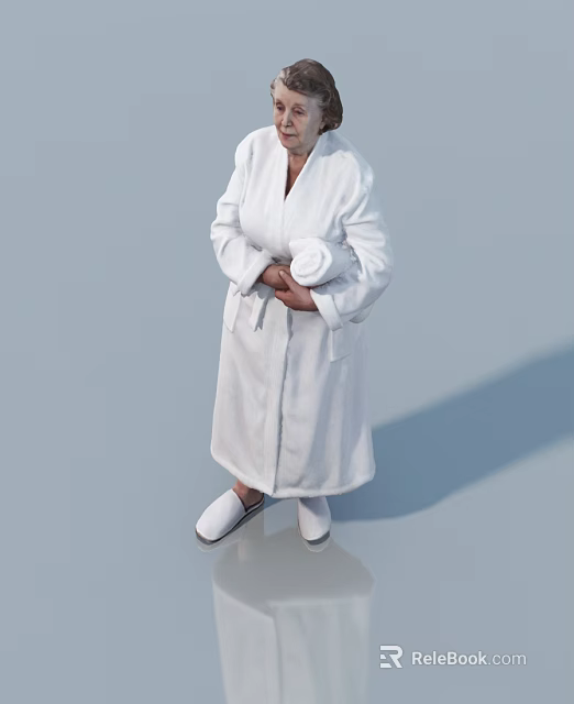 A Woman in White Robe Holding Towel Standing Against Gray Background Wearing Slippers 3d model 