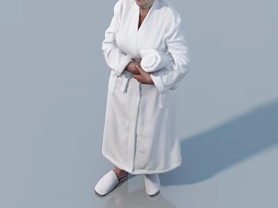 A Woman in White Robe Holding Towel Standing Against Gray Background Wearing Slippers 3d model