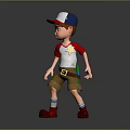 Child 3D Model Wearing Red White Blue Cap Red White Shirt Khaki Shorts Red Shoes