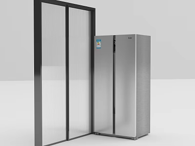 Modern Kitchen With Stainless Steel Refrigerator Freezer And Glass Door Cabinet 3d model