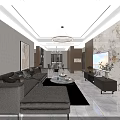 Modern Living and Dining Room Interior With Dining Table Chairs Chandelier TV Wall Marble Floor