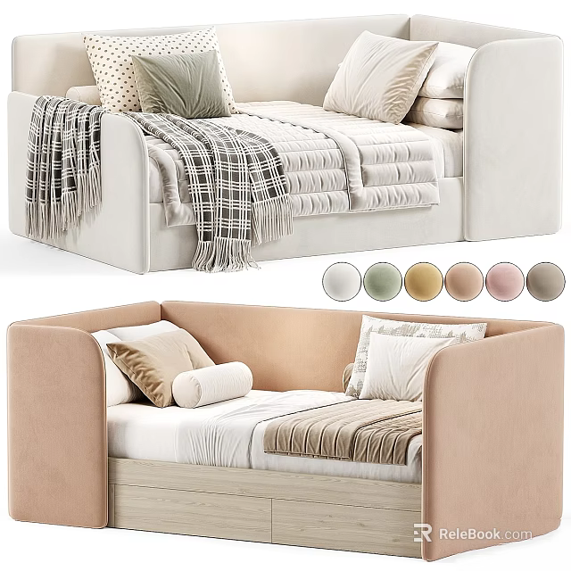 Cozy Kids Bed With Pastel Pink And Beige Upholstery Soft Cushions And Blankets 3d model 