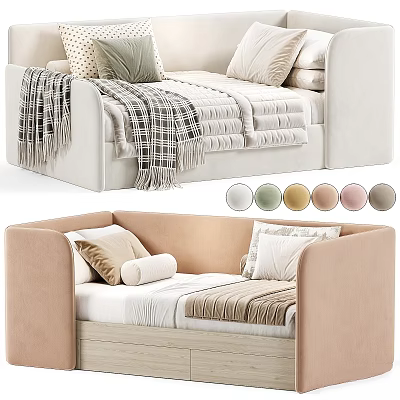 Cozy Kids Bed With Pastel Pink And Beige Upholstery Soft Cushions And Blankets 3d model
