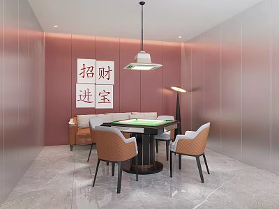 Elegant Hotel Mahjong Room with Round Table Comfortable Chairs Fortune Characters and Modern Lighting 3d model