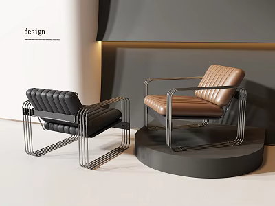 Modern Black and Brown Leather Accent Chairs with Metal Frame and Armrests 3d model