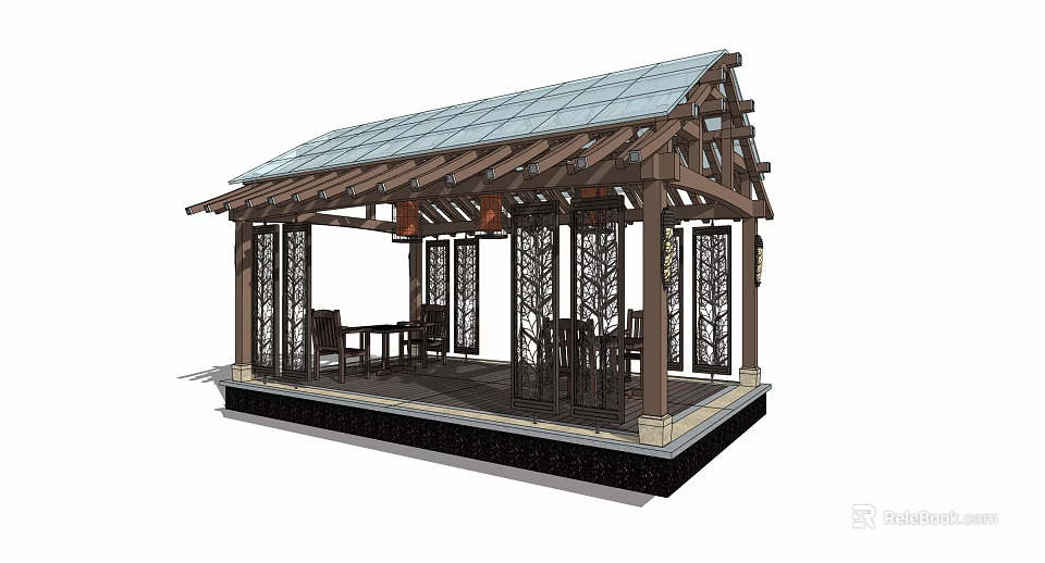 Traditional Chinese Pavilion Featuring Wooden Structure Tile Roof Carved Railings And Outdoor Seating Area 3d model 